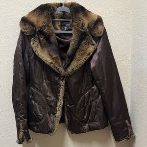 a.n.a Dark Brown Teddy Jacket with Faux Fur Trim